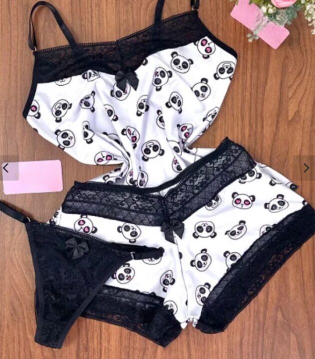 KIT Baby Doll Estampado + Calcinha - Pandinha Preto