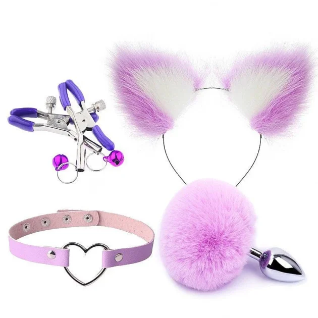 KIT PLUG RABO DE COELHO COM TIARA ORELHAS ROXO - GRAMPOS E GARGANTILHA