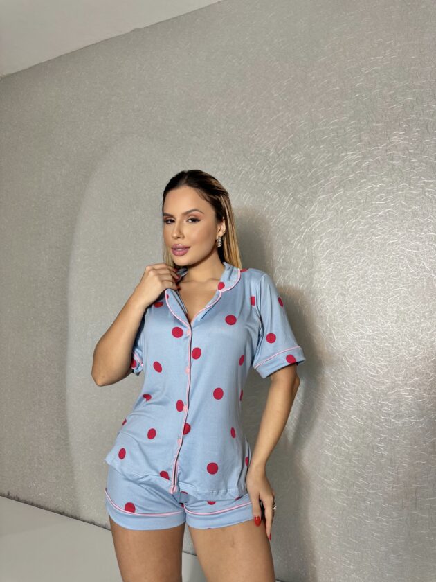 Pijama Americano - Azul com poá vermelho - Imagem 2